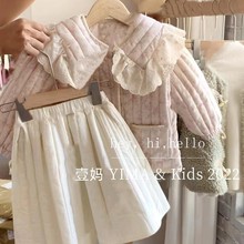 韓國童裝女童甜美粉色棉服2023新款冬裝兒童洋氣花邊娃娃領棉衣潮