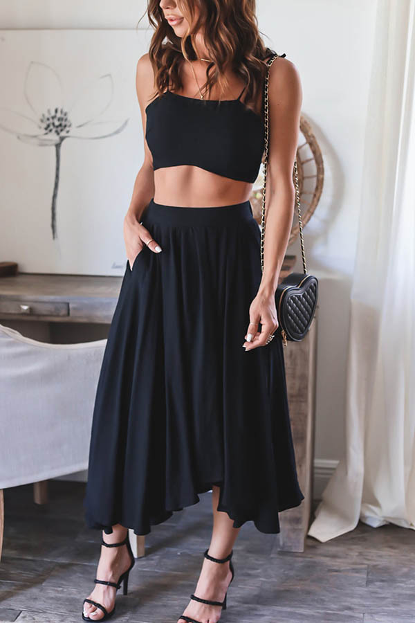 summer solid color sling vest and pleated skirt two-piece suit NSJRM117774