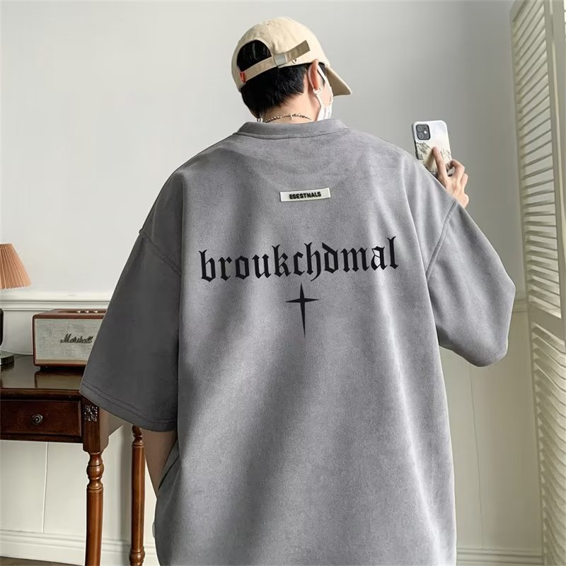 欧美印花麂皮绒短袖t恤男款潮牌重磅夏季美式高街潮流青少年体恤