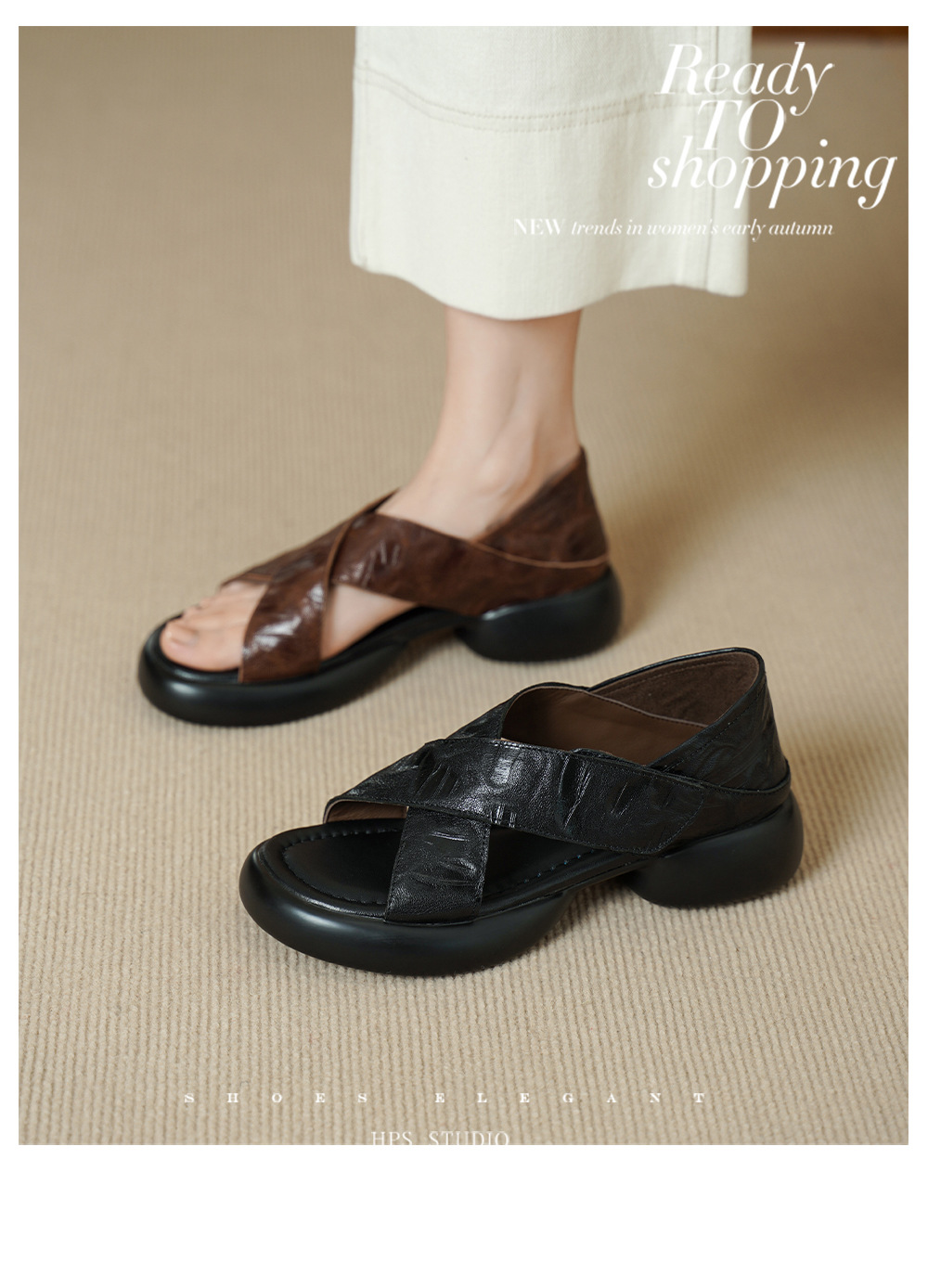 Sandal nữ hở mũi đế dày 4 cm da cừu quai chéo bọc gót — màu nâu chi tiết 3