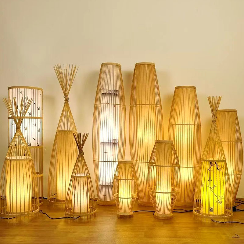Wabi-sabi style standing floor lamp, vintage Zen bamboo woven ambient light for guesthouse living room, Japanese retro bedside counter lamp