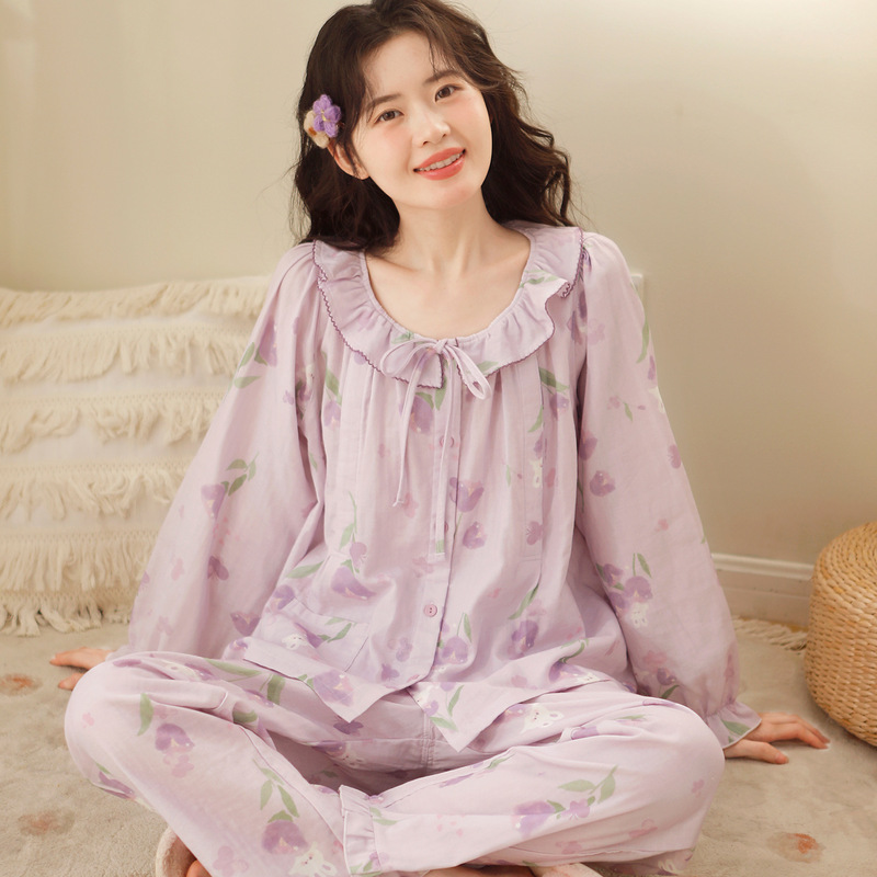 【Fuduo】Spring and Summer Pure Cotton Gauze Maternity Pajamas Postpartum Nursing Clothes Pregnancy and Delivery Nursing Set