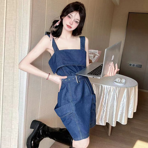 Retro reducing age Hong Kong style suspender denim skirt for women's summer wear， new waistband slimming dress
