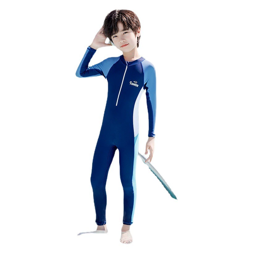 Детские купальники, новый стиль, цельный цельный купальник с длинными рукавами для мальчиков, средние и большие детские летние купальники, профессиональные купальники оптом