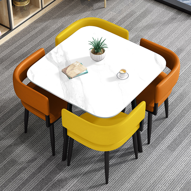이탈리안 슬레이트 80cm 사각 테이블 - 노란색 + 주황색 의자, 테이블 1개, 의자 4개