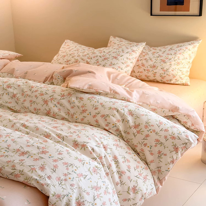 Juego de cuatro piezas de algodón 100 piezas de algodón puro 2024 nuevo estilo sábana floral funda de edredón sábana cama juego de cama de tres piezas