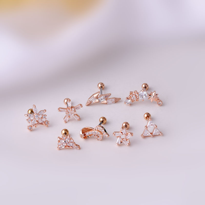 Fashion Style 316L Stainless Steel Copper Zircon Ear Cartilage Rings & Studs Flower Waterproof Non Tarnish Surgical Steel Women'S
