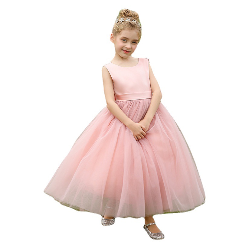 Nuevo europeo y americano transfronterizo vestido de novia de los niños sin mangas de satén arco de las mujeres de rendimiento de cumpleaños mullido vestido de mono