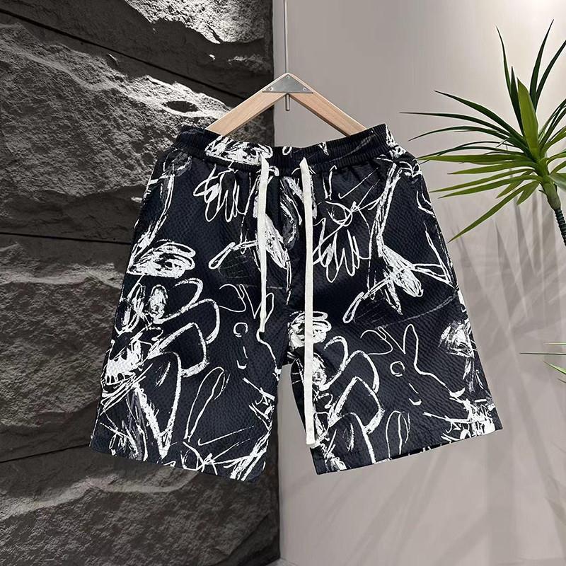 Men's Graffiti Style Quick Drying Beach Shorts Summer Thin High Street Sporty Casual Five Point Individuality Pants_viptrois.com