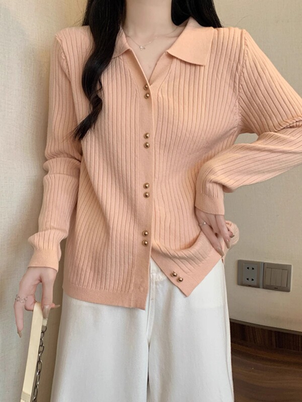 Jingya ポロカラートップ女性の秋の韓国スタイル長袖ニットカーディガン女性のセーターはお腹をカバーし、スリムでスタイリッシュなトップス|undefined