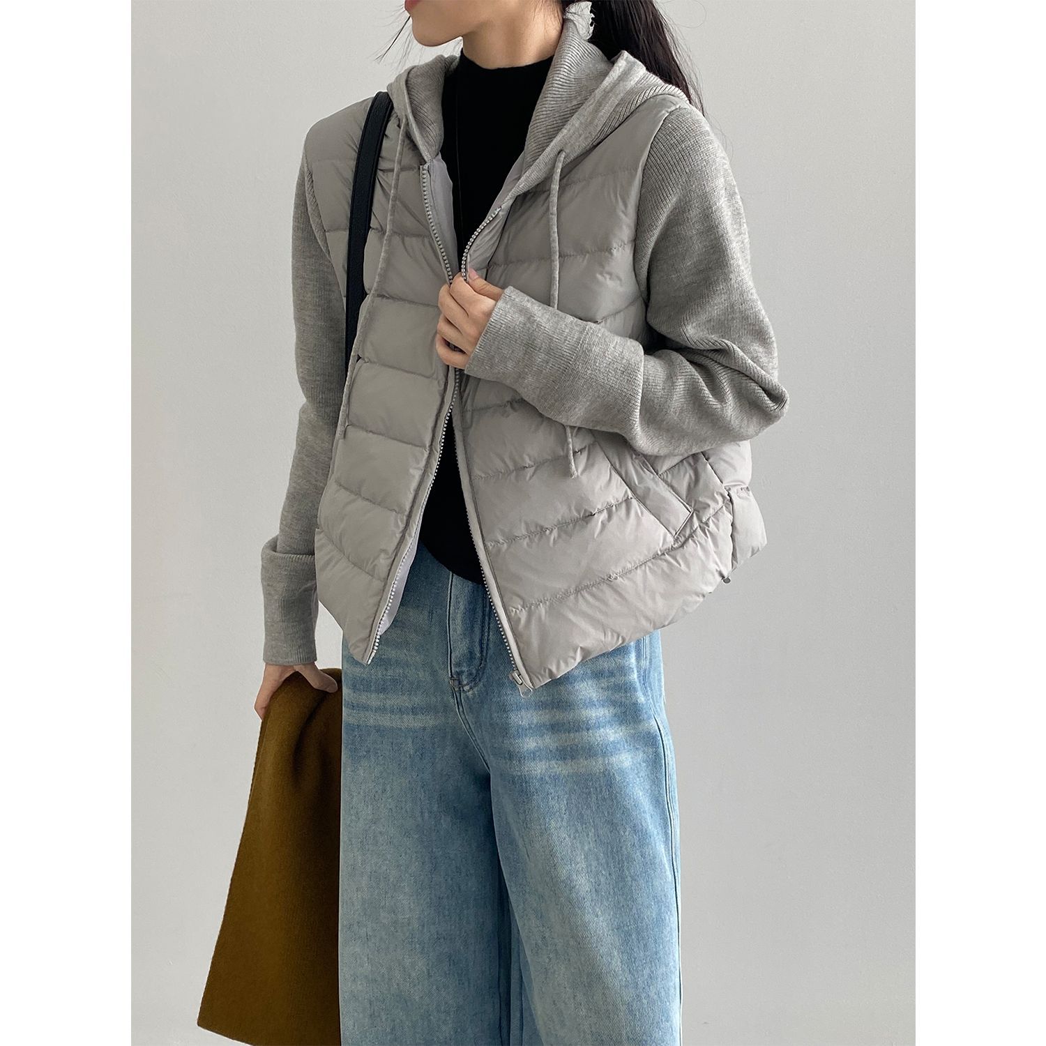 Winter Warm Hooded down Jacket for Women with Knitted Patchwork, Faux Two-Piece 90% White Duck down Coat Top E7109