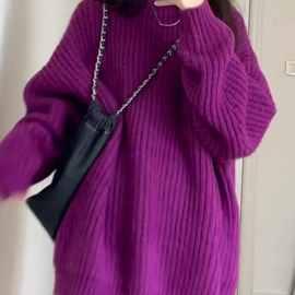 韩版紫色圆领毛衣女套头2025新款中长款洋气宽松慵懒风针织上衣女