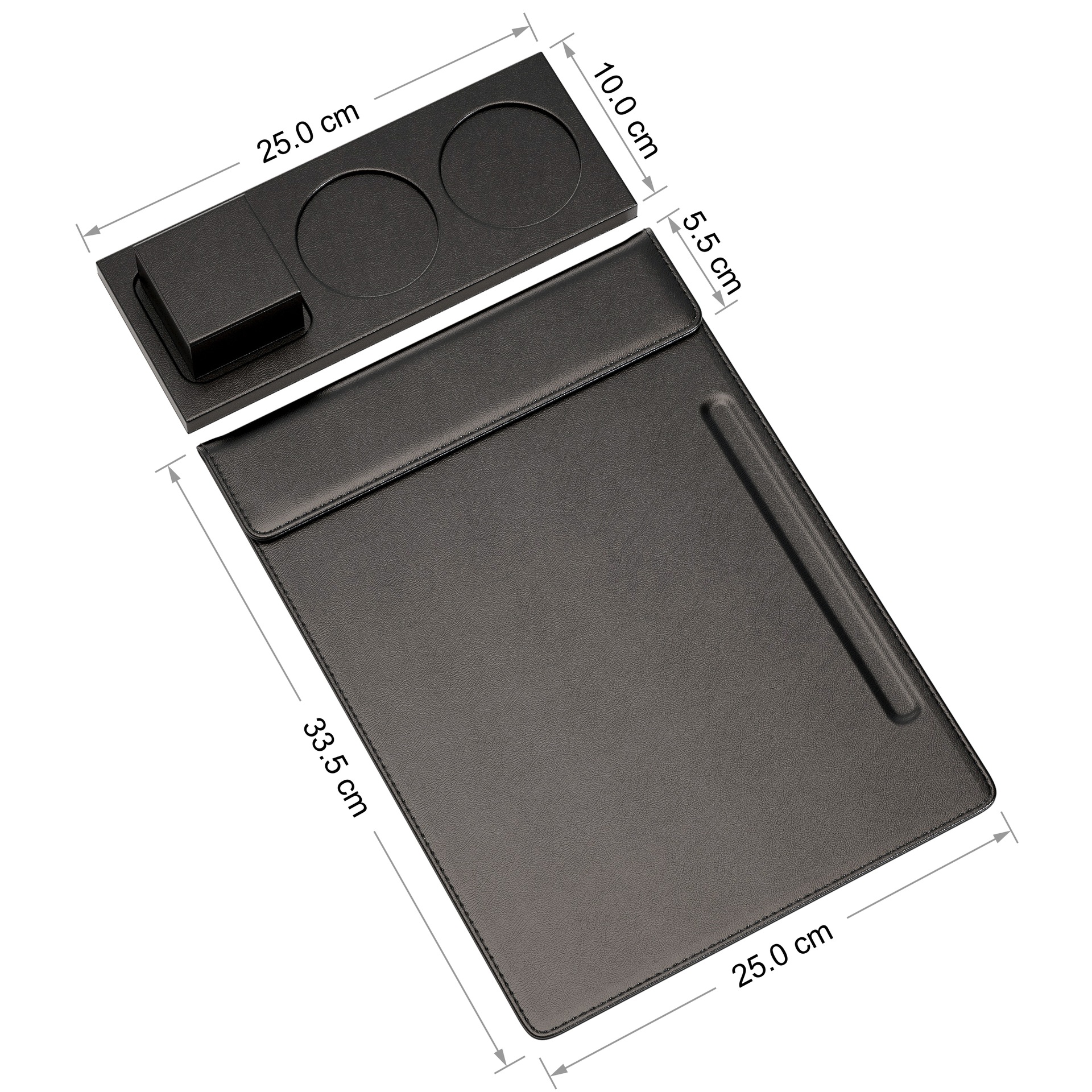 PU-블랙 소가죽 패턴 A4 회의 매트(펜 트레이 포함) + 3홀 컵 홀더(펜 트레이 없음) + 뚜껑이 있는 사탕 상자