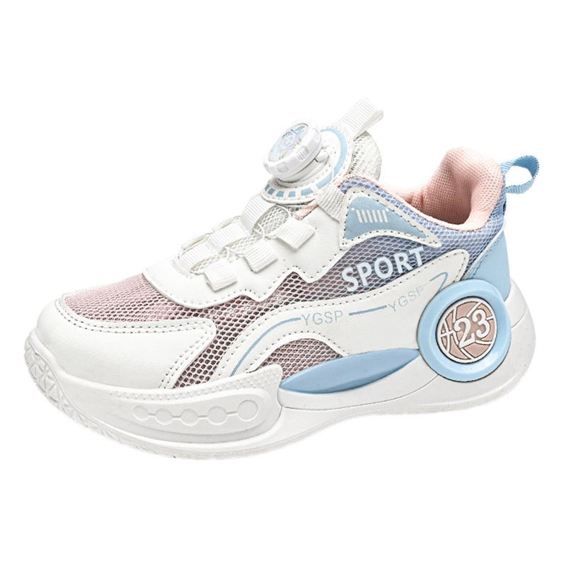 Calzado deportivo para niñas 2025 verano nuevo estilo zapatos de baloncesto transpirables de malla para niños zapatos para correr con botones giratorios para niños grandes