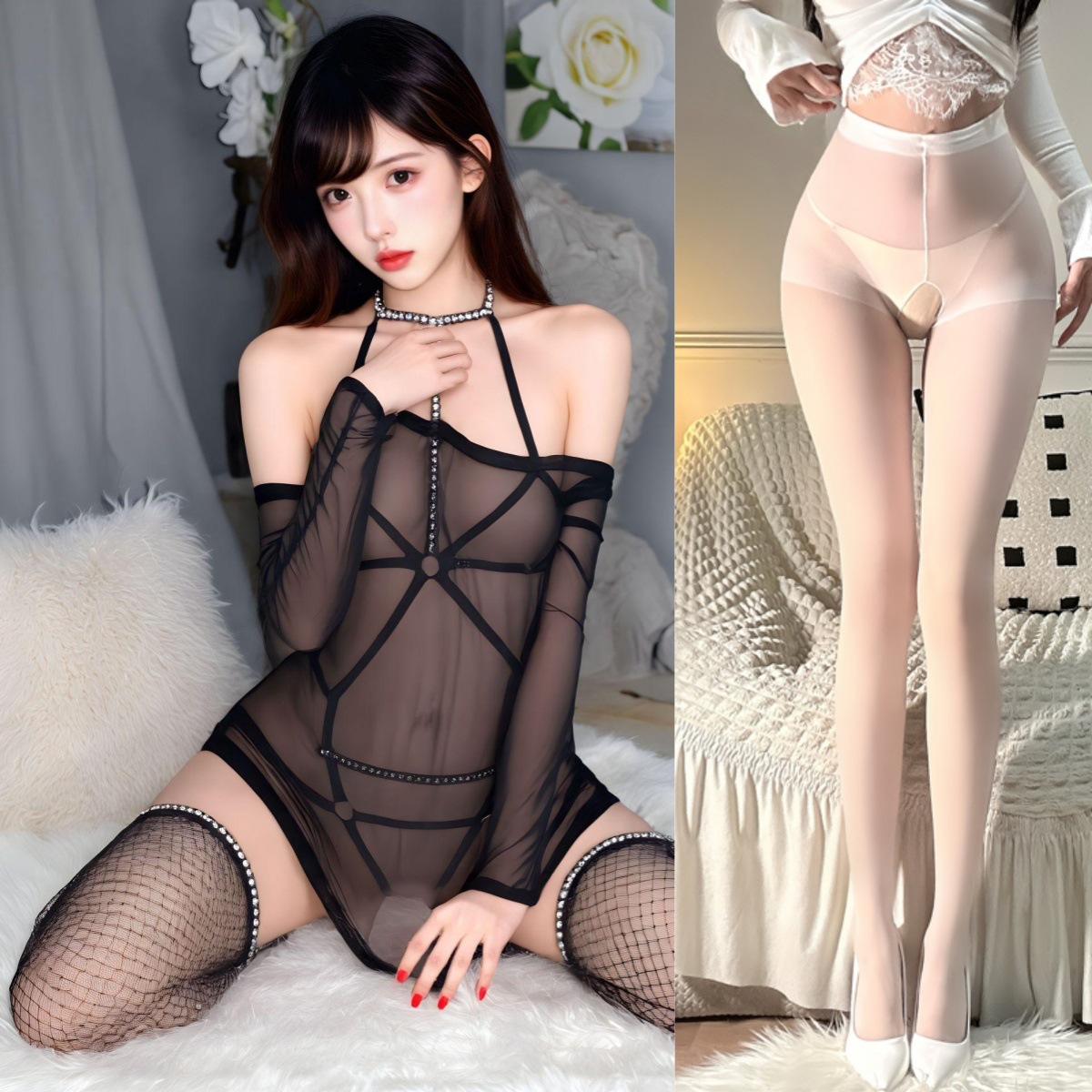블랙 세트 [끈 + 망사 의류 포함] + 화이트 오픈 크로치 스타킹