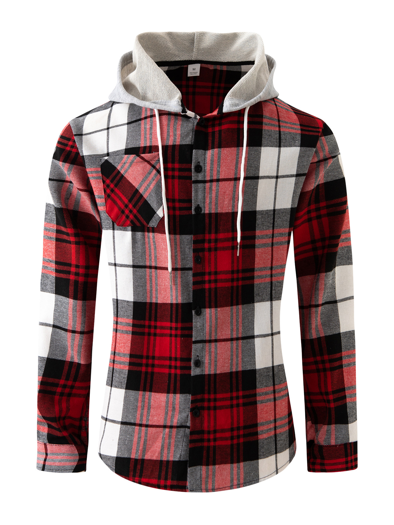 Men's Monochrome Long-sleeve Cotton Blend Hooded Plaid Shirt_voghion.com