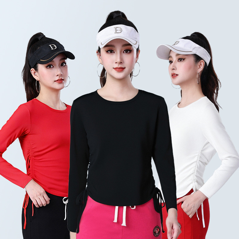 Square dance performance outfit, solid color double drawstring long-sleeved t-shirt, slimming sports yoga outfit, women's early autumn new style top
