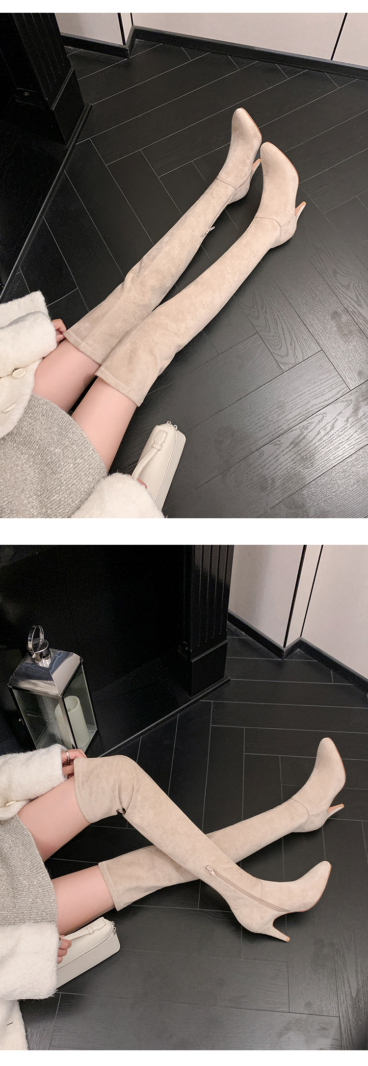 Boot nữ cổ cao trên gối mũi nhọn gót cao 9 cm chất da lộn co giãn — Lớp lót nhung tiêu chuẩn màu đen trên đầu gối, Lớp lót nhung lớn màu mơ trên đầu gối, Giày bốt cao cấp lót nhung tiêu chuẩn màu mơ, Lớp lót nhung đen trên đầu gối chi tiết 37