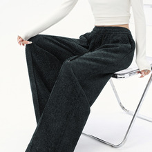 赛迪~加绒复古条纹阔腿裤女2025高腰垂感宽松显瘦直筒休闲运动裤