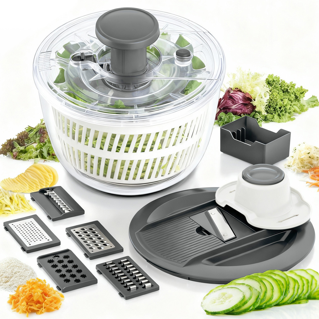 6L Large Capacity Press-Type Vegetable Salad Spinner Multifunctional Vegetable Cutter Round Grater