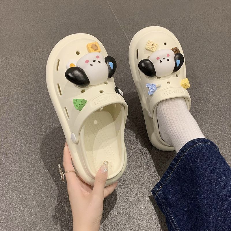 Cartoon just afraid of dog milk fufu hole shoes for women 2023 Summer new beach drooping feeling two-way closed toe half slippers