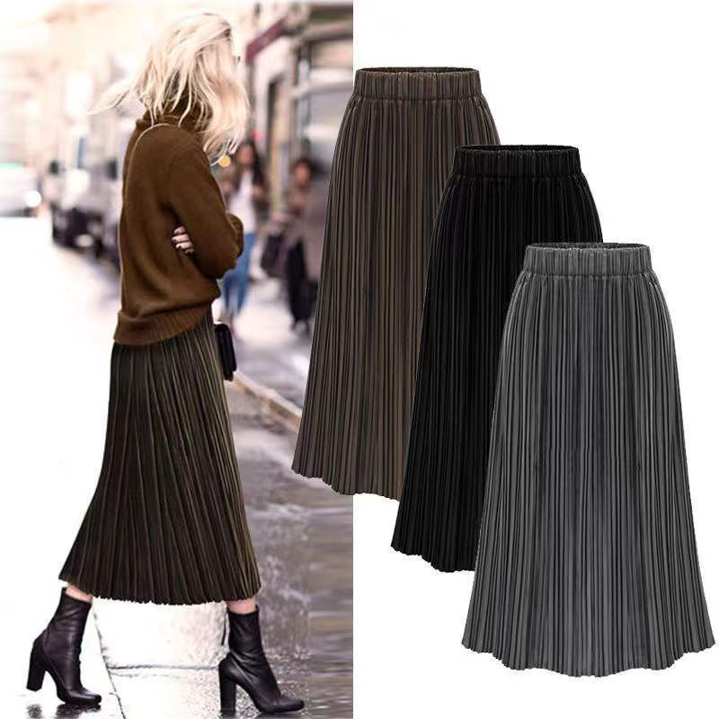 欧美大码女装胖妹妹200斤高腰中长裙子春秋百褶裙金丝绒半身A字裙