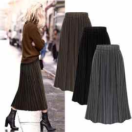 欧美大码女装胖妹妹200斤高腰中长裙子春秋百褶裙金丝绒半身A字裙