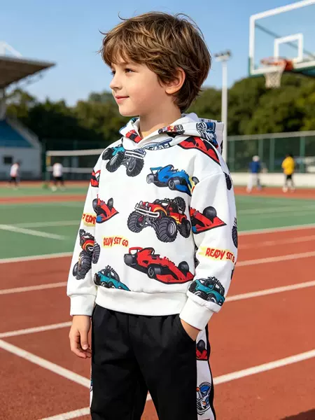 Cross-Border Ins Infant and Toddler Boys' Spring and Autumn Fleece Hooded Cartoon Car Print Long-Sleeve Top and Pants