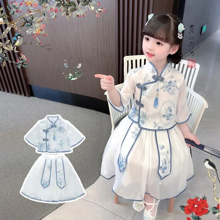Girls' Antique Hanfu suit Summer Chinese Style Girls' Ancient Clothes Children's Blue and White Porcelain Tang Suit Performance Clothes
