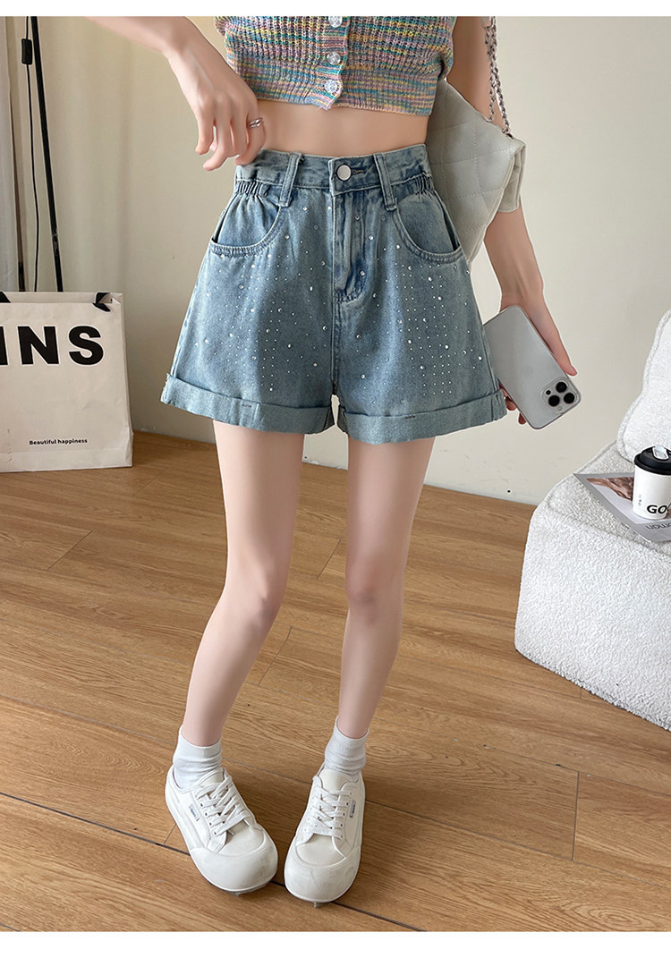 Quần short jean nữ lưng cao, ống rộng, viền chữ A, kiểu mới mùa hè — Xám đen với thắt lưng chi tiết 19
