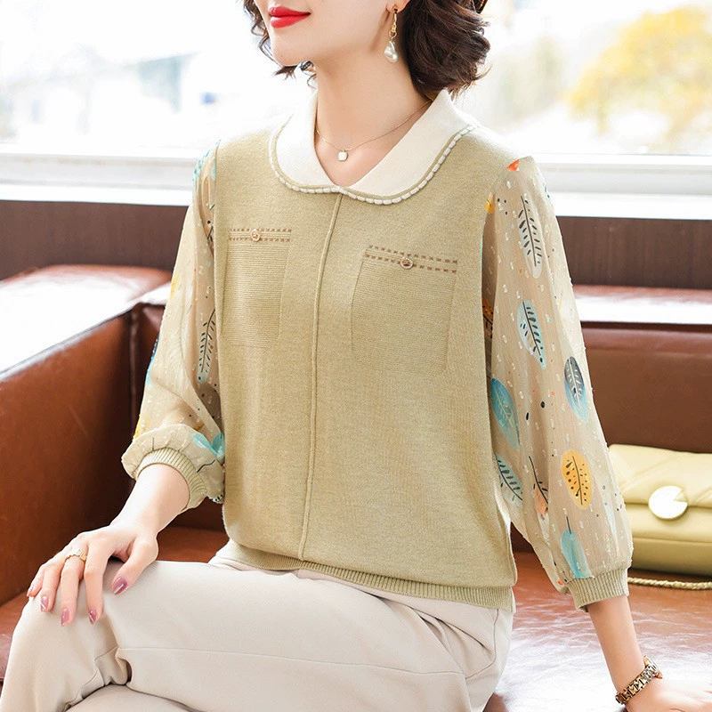 Мама Весна и Осень Топ в западном стиле с рукавами из пряжи для женщин среднего возраста Весенняя футболка с длинным рукавом рубашка с воротником для кукол среднего и пожилого возраста