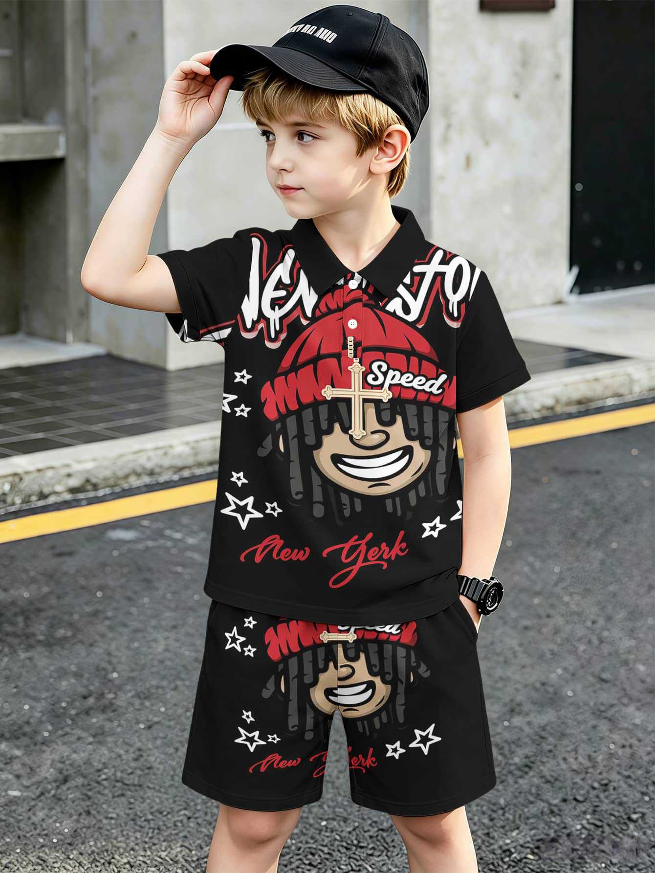 Ensemble polo et short style ethnique pour garçon européen_voghion.com