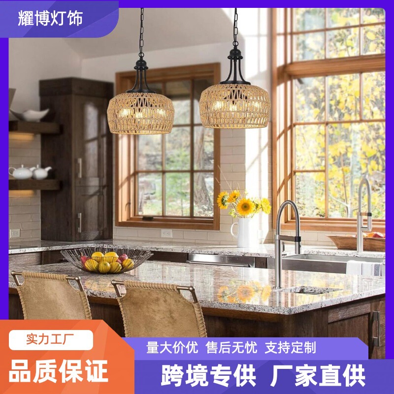 Cross-Border Ceiling Hanging Woven Lamp Farmhouse Dining Room Chandelier 3-Head Bohemian Rattan Chandelier Lighting Fixture
