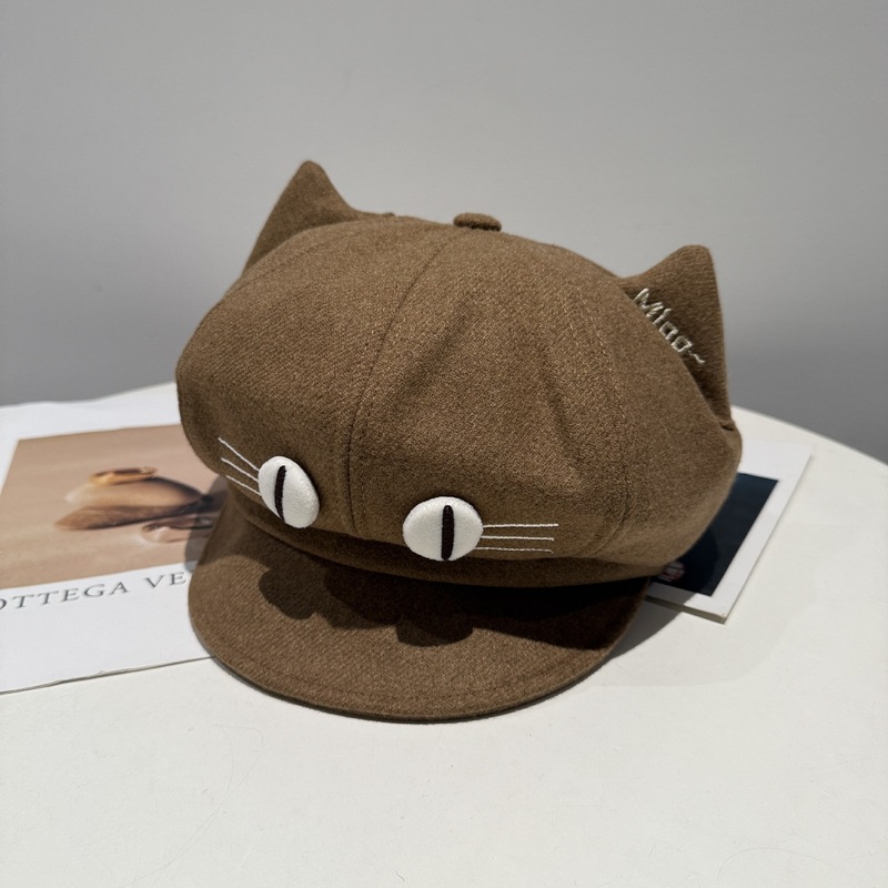大眼睛猫咪耳朵八角帽子韩版秋冬户外遮阳保暖画家帽超萌贝雷帽|undefined