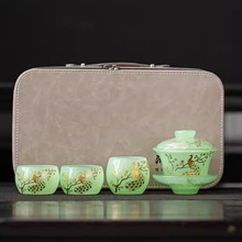 冰种琉璃盖碗茶杯便携式旅行包功夫茶具套装金孔雀绿琉璃高端送礼