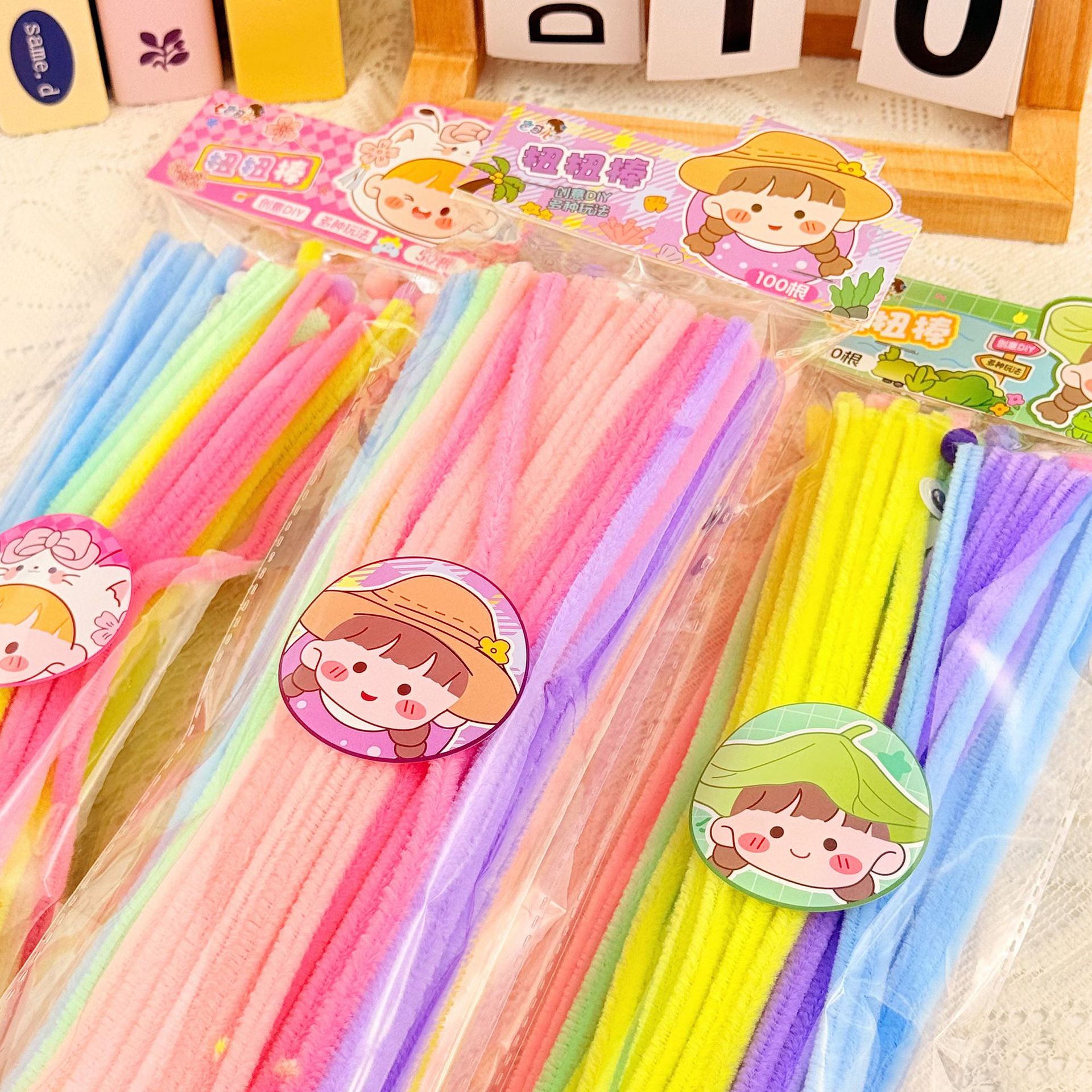 Barras de torsión con embalaje de mandíbula, paquete de material de color mixto macarón, 6 mm de banda de pelusa de color cifrada, barra de torsión