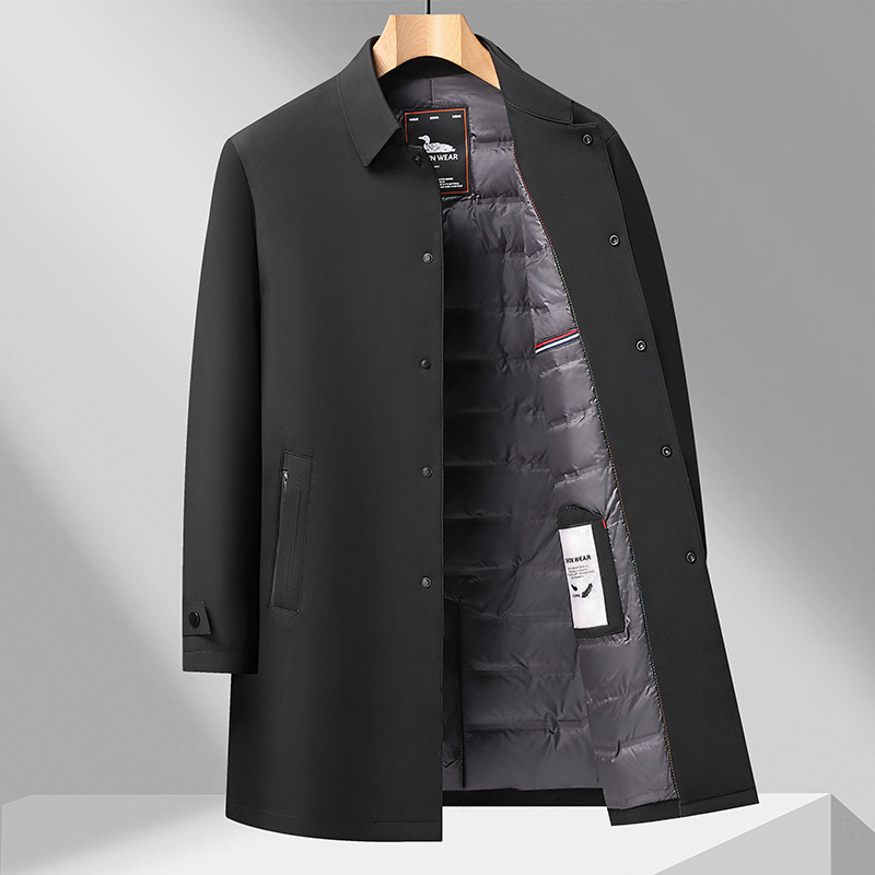 Cross-Border Wholesale In-Stock 2025 Men's Long Trench Coat down Jacket 90% White Duck down Casual Fashion Solid Color for Young and Middle-Aged Men