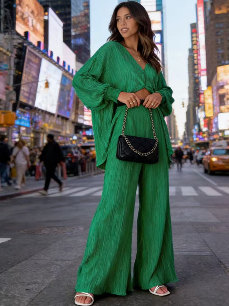 2026 moda transfronteriza europea y americana otoño nuevo estilo pantalones de campana plisados ​​ropa para el hogar plisada de un solo pecho drapeado conjunto de dos piezas