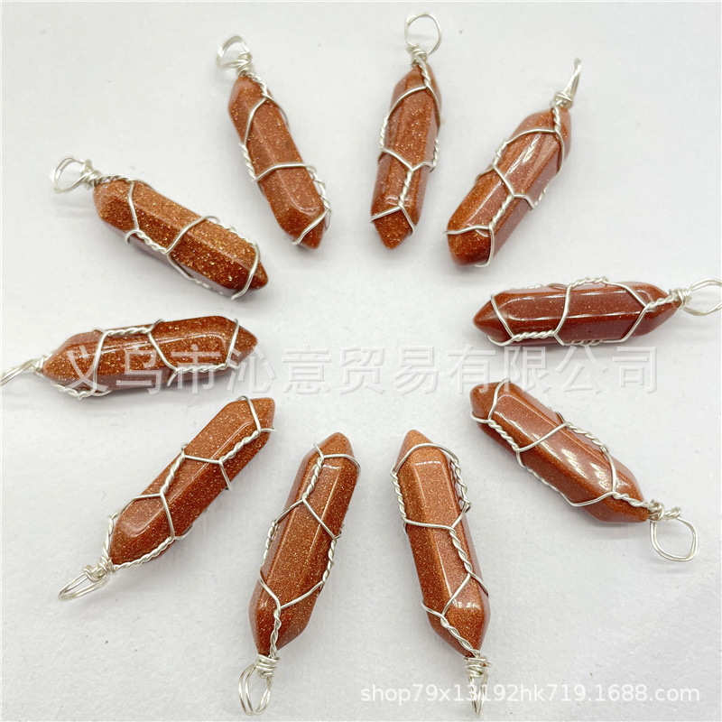 Comercio exterior caliente bobina hexagonal columna colgante collar de cristal natural hecho a mano de plata hilo bala joyería al por mayor