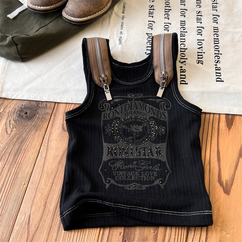 Japanese-style children's clothing vintage Roni girl summer crop top with rhinestones and embroidered backless top