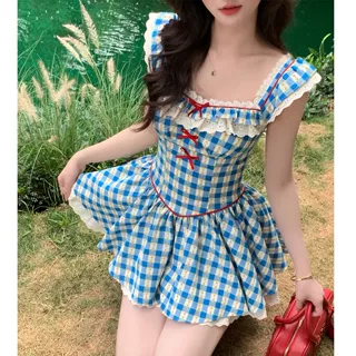 2026新款夏季法式复古蓝色格子小飞袖恋爱连衣裙高级感蓬蓬裙女潮