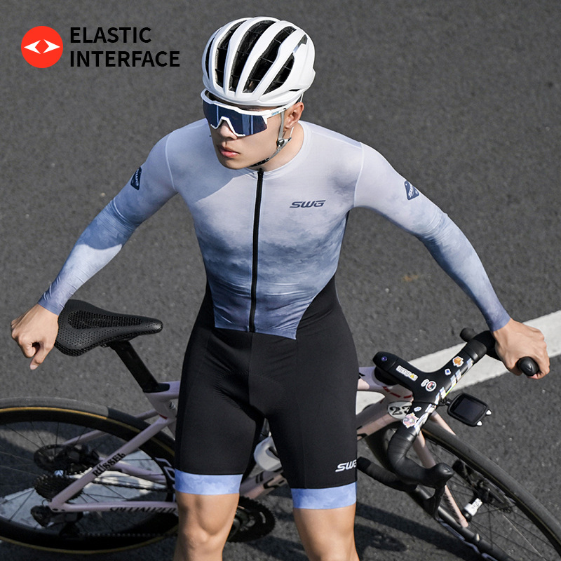 Swg Ming Shengqiu Men's Cycling Jumpsuit with Double Arrow Padded Seat【Cloud Ink Long Sleeve Jumpsuit】