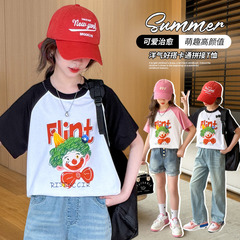 2024年夏季B類棉T恤女中大童卡通短袖出行搭配圓領設計短袖批發