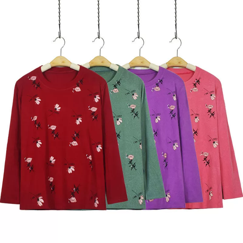 Весенние и осенние женские топы с принтом для женщин среднего и пожилого возраста, одежда для мам, немецкая бархатная женская рубашка с круглым вырезом, тонкая футболка с длинными рукавами