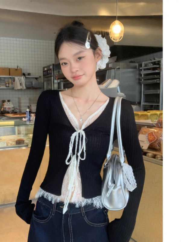 黑色辣妹风蕾丝拼接绑带假两件撞色t恤女春季显瘦打底衫长袖上衣|undefined