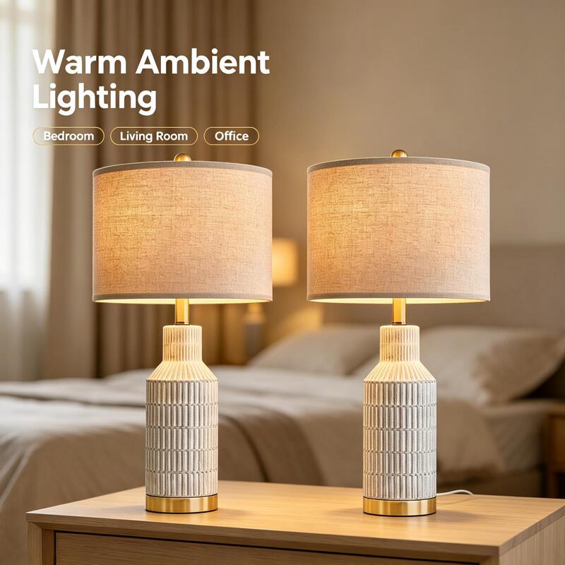 American-style minimalist vertical-pattern ceramic decorative table lamp, custom-made for living room, bedroom, study, bedside, paired lighting fixture