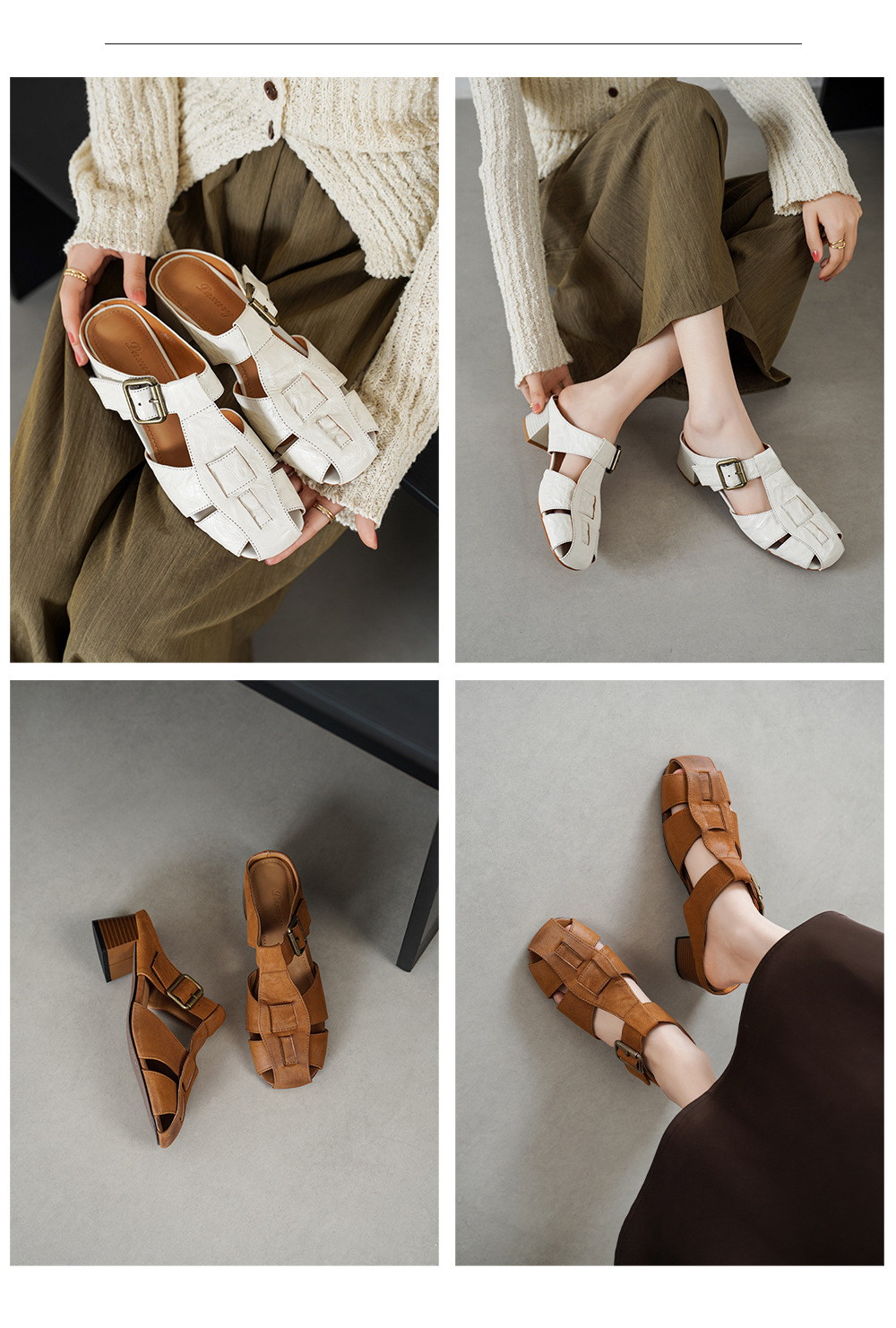 Dép sandal nữ quai dệt da cừu, đế La Mã thô, gót 4.5 cm — Màu caramel chi tiết 1