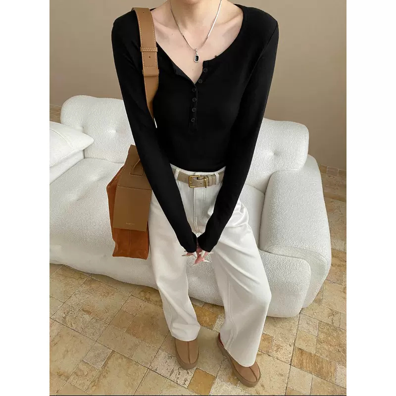 司南 法式剪刀小V领 时髦感半开领纽扣设计加绒T恤打底衫 SN8263