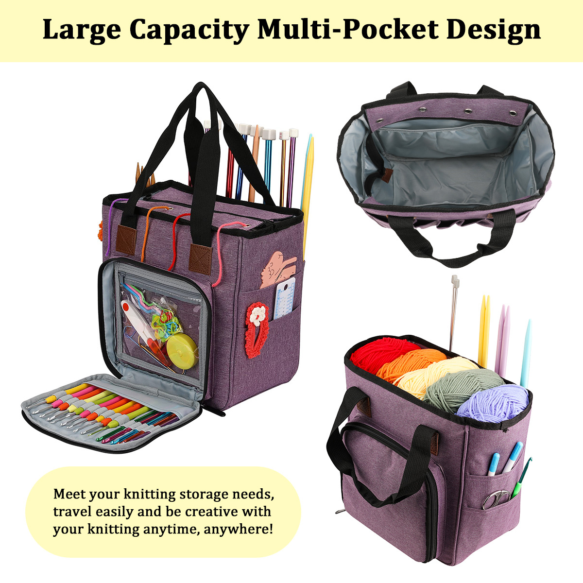 국경 간 인기 판매 가정용 짠 보관 도구 보라색 옥스포드 천 핸드백 스틱 바늘 보관 울 보관 가방