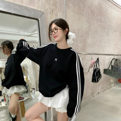 韩系辣妹三条杠蝴蝶结黑色卫衣女春秋宽松显瘦运动风圆领上衣外套